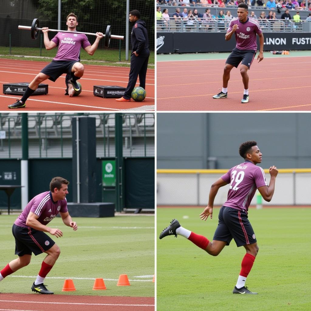 A player engaging in diverse physical training activities, including weightlifting, sprinting, and agility exercises