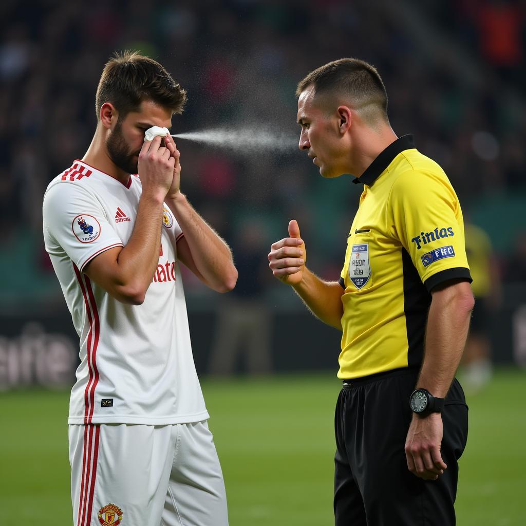 Player reacts calmly after being accidentally sprayed by the referee