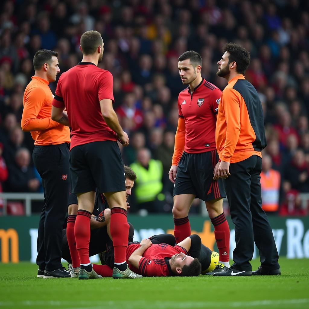 Football player receiving medical attention after an on-field injury.