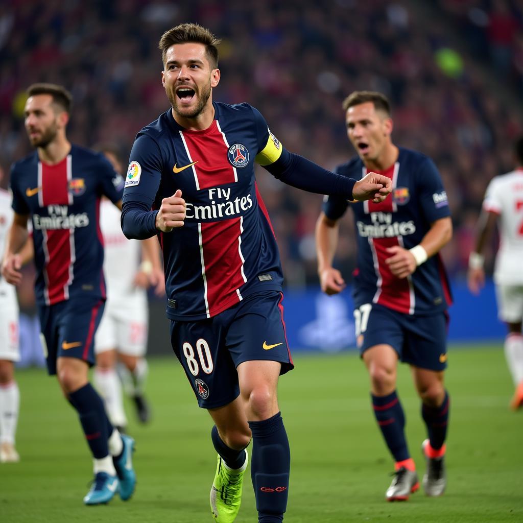 PSG Celebrating Victory Against Barcelona