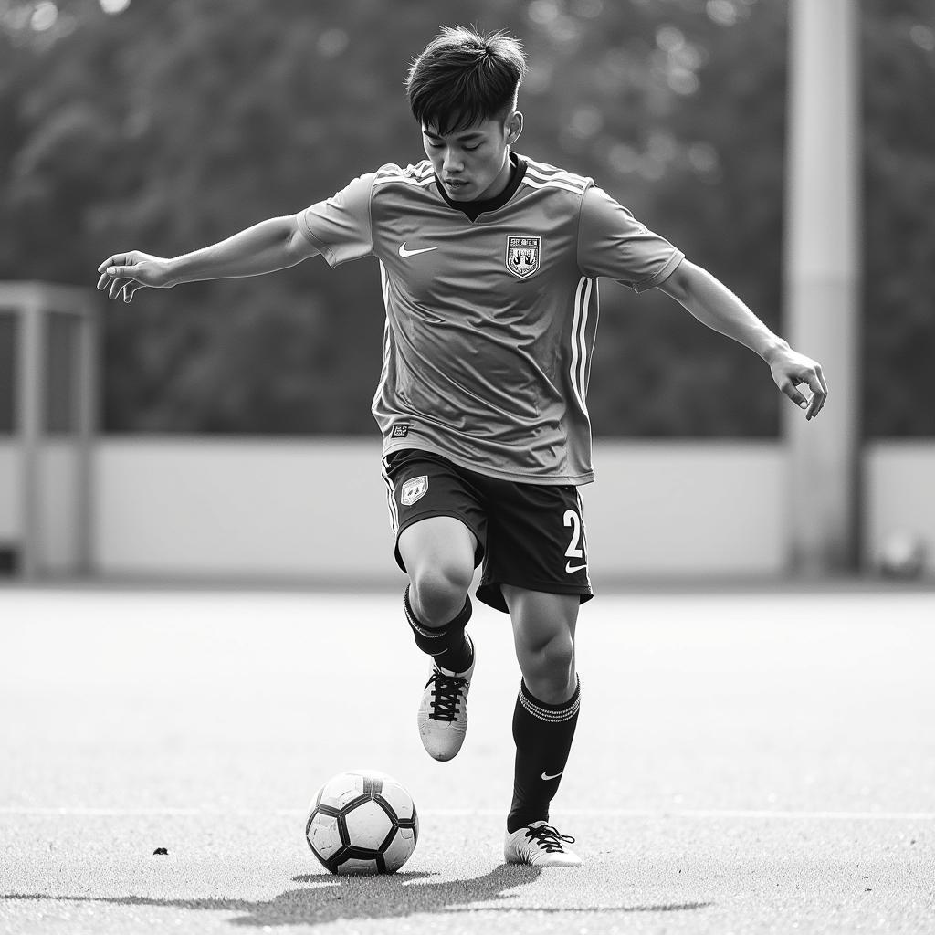 Quang Hai taking a free kick in black and white