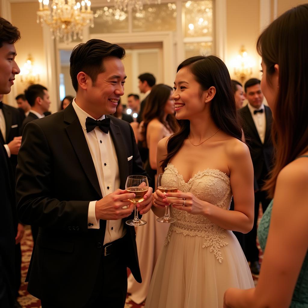 Quang Hai and Chu Thanh Huyen celebrating with guests at their wedding reception