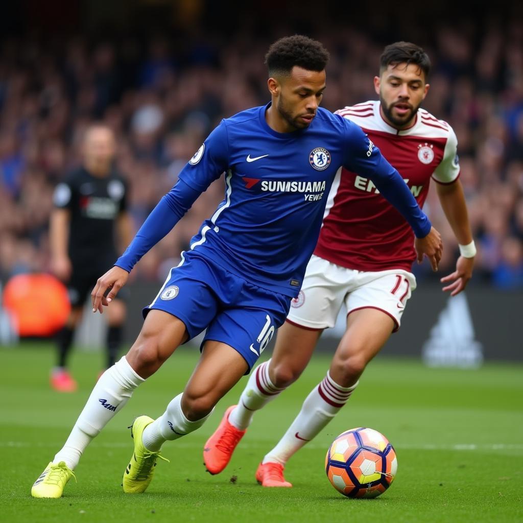 Raheem Sterling dribbles past an opponent while playing for Chelsea