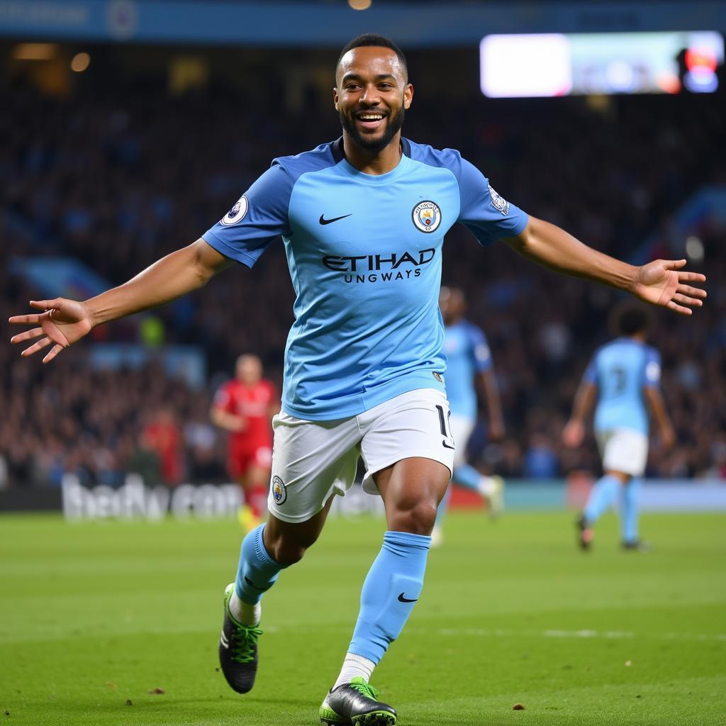 Raheem Sterling celebrates a goal for Manchester City