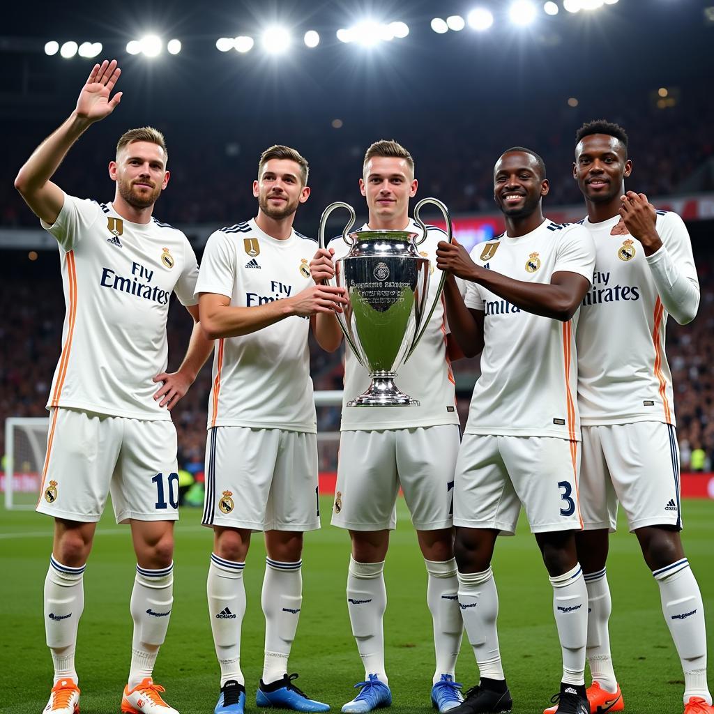 Real Madrid celebrating a Champions League victory with Haaland and Mbappe