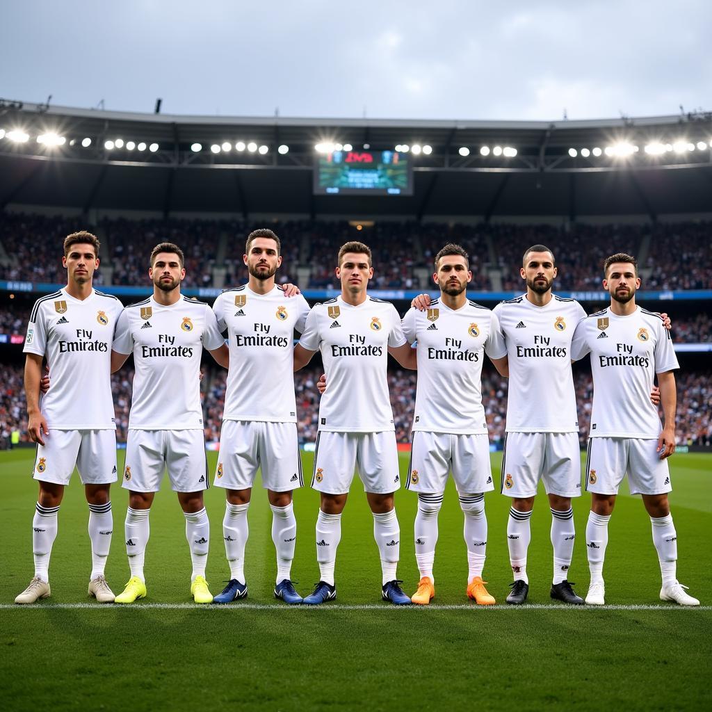 Real Madrid Squad 2024: A photo showcasing the entire Real Madrid squad lined up on the pitch in their home kit, ready for a match. The image captures the team spirit and individual personalities of the players.