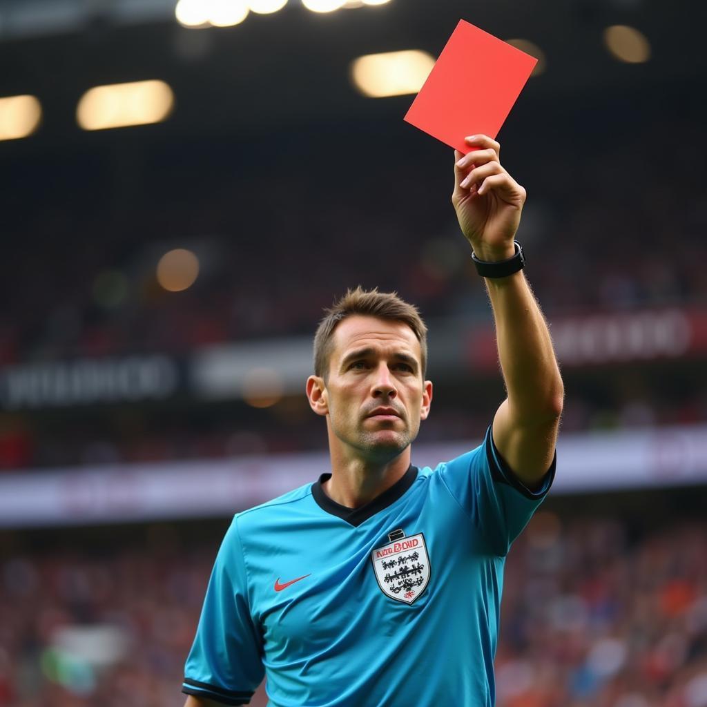 A referee showing a red card to a player during a football match.