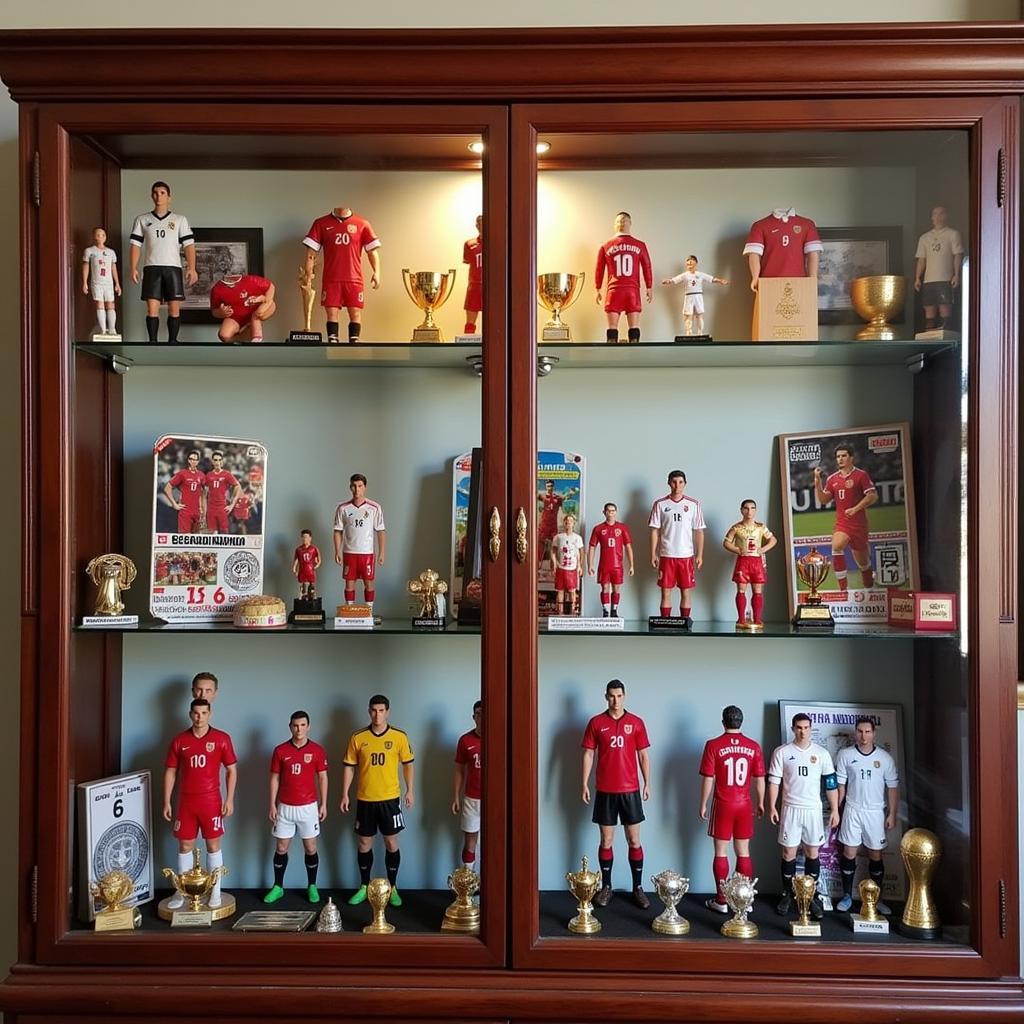 A display case showcasing a collection of various Ronaldo 9 toys, including action figures, bobbleheads, and miniature trophies.