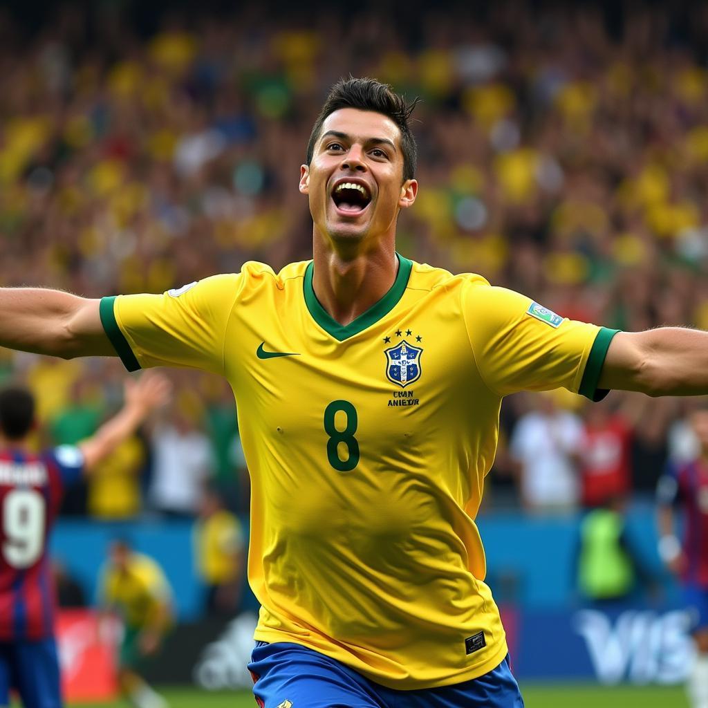 Ronaldo, the prolific Brazilian striker, celebrates a goal.