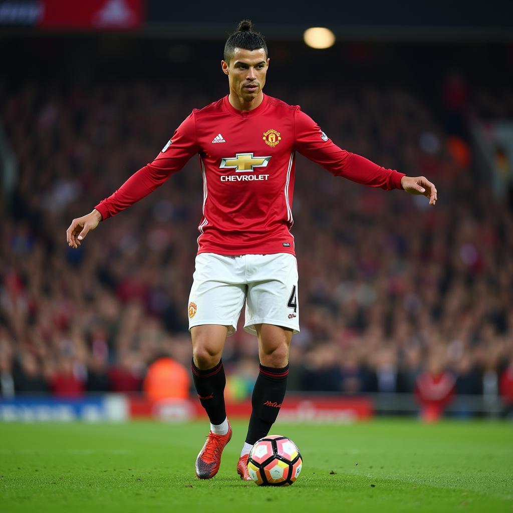 Cristiano Ronaldo preparing to take a free kick for Manchester United