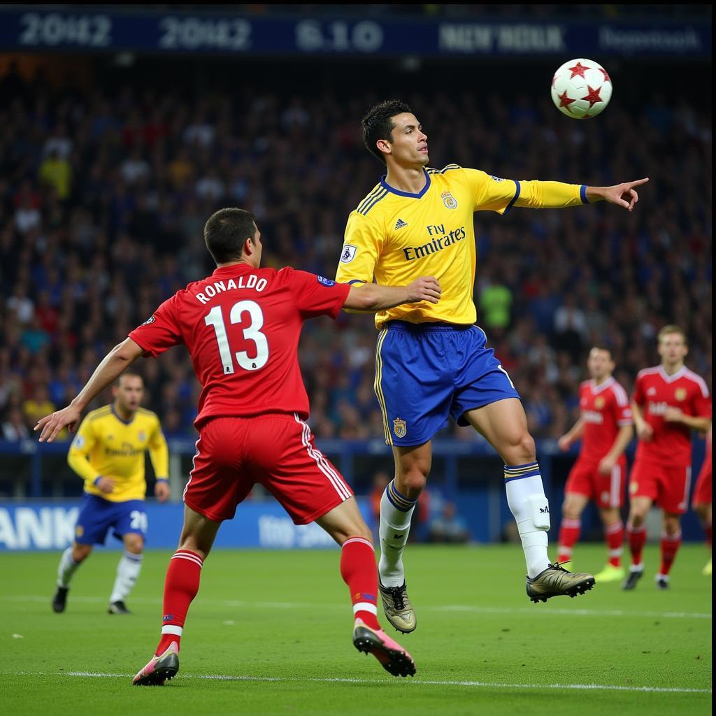 Ronaldo scoring a header in the 2008 Champions League final for Manchester United