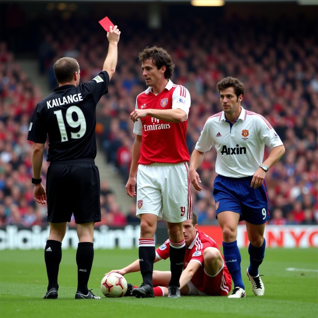 Roy Keane receives a red card after tackling Alf-Inge Haaland