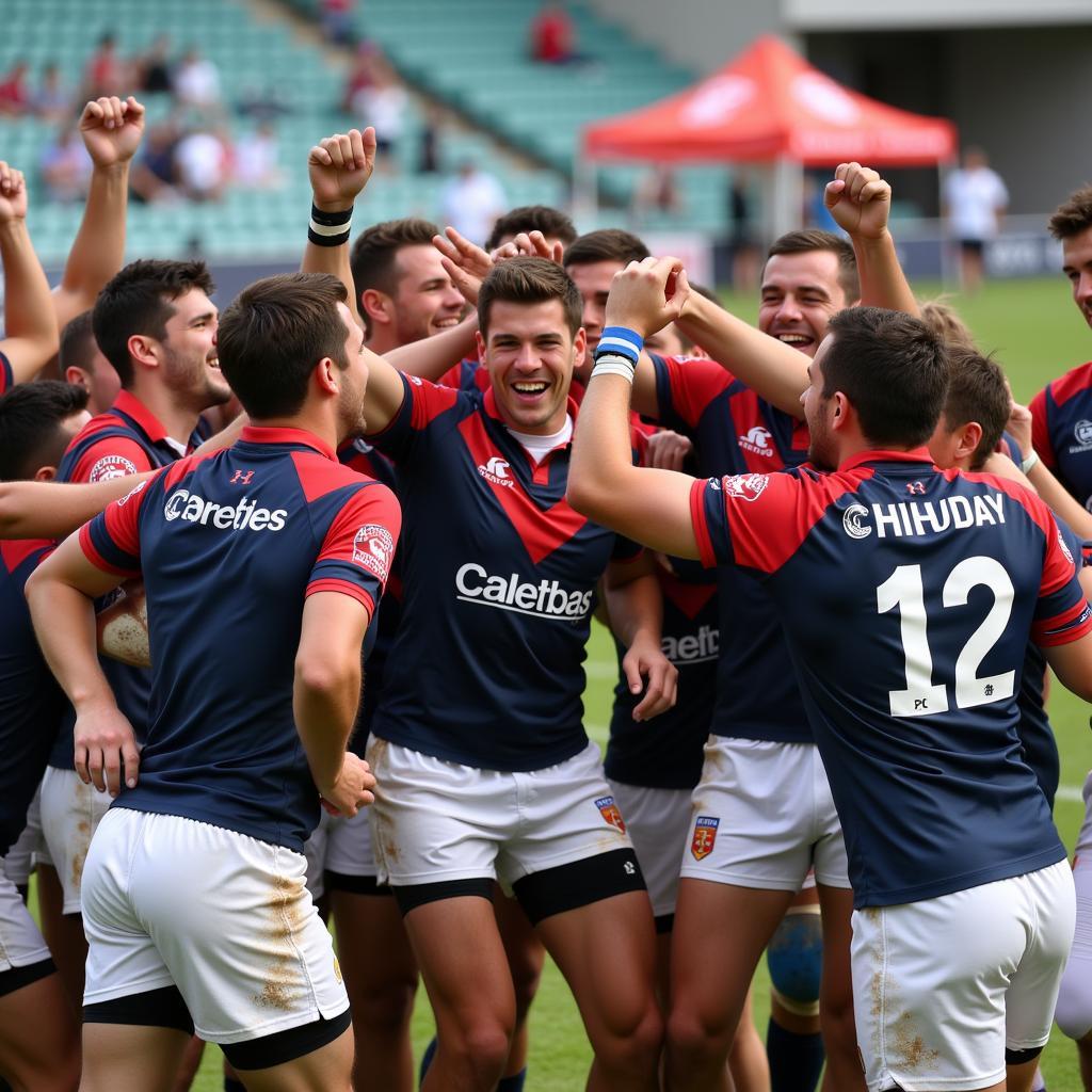 Rugby 5s players celebrating a tournament victory