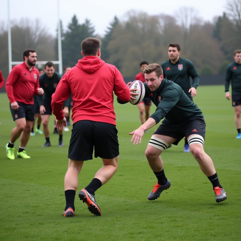 Rugby players undergoing intense training drills