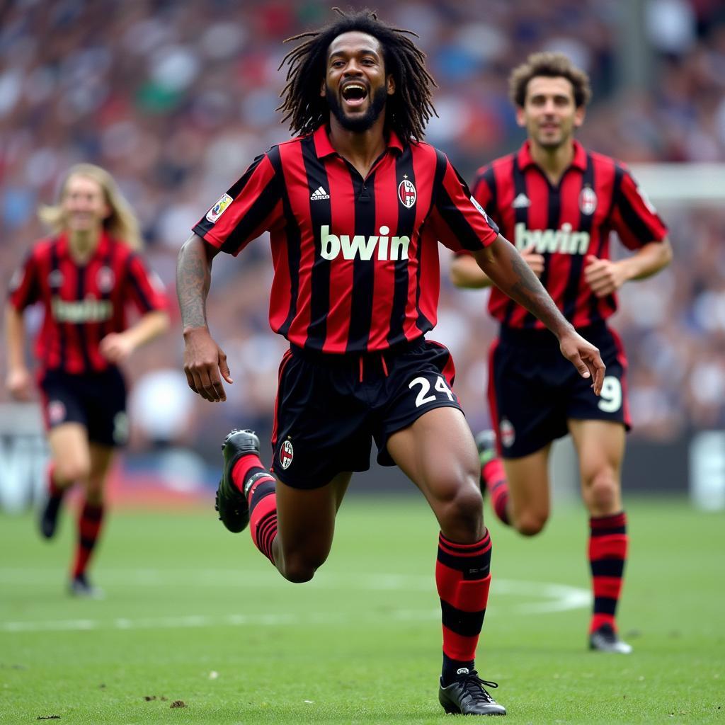 Ruud Gullit in his AC Milan prime, celebrating a goal with teammates. The image captures his iconic dreadlocks and the red and black stripes of the AC Milan jersey.