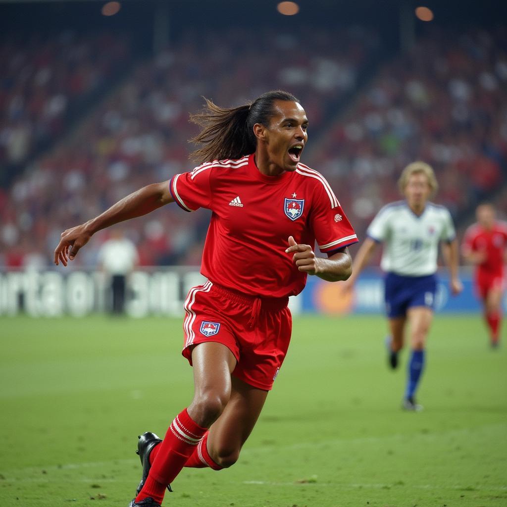 Ruud Gullit celebrates scoring in the Euro 1988 final against the Soviet Union. He jumps in the air with his fist raised, showcasing his joy and passion.