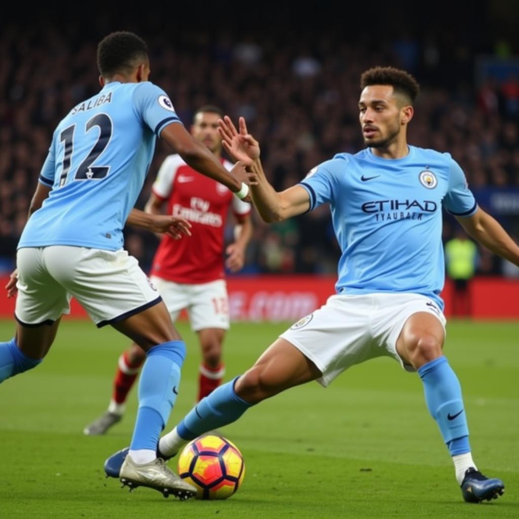 Saliba defends resolutely against a Manchester City attack