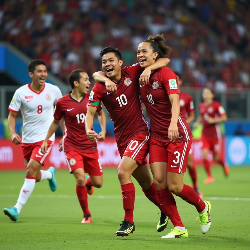 Footballers celebrate a goal during a SEA Games 30 match.