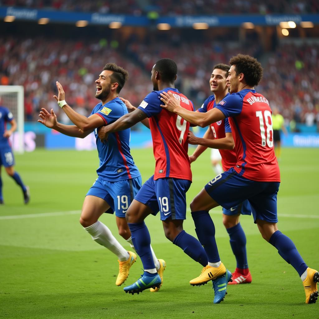 A short player celebrating a goal with his teammates at the World Cup 2018