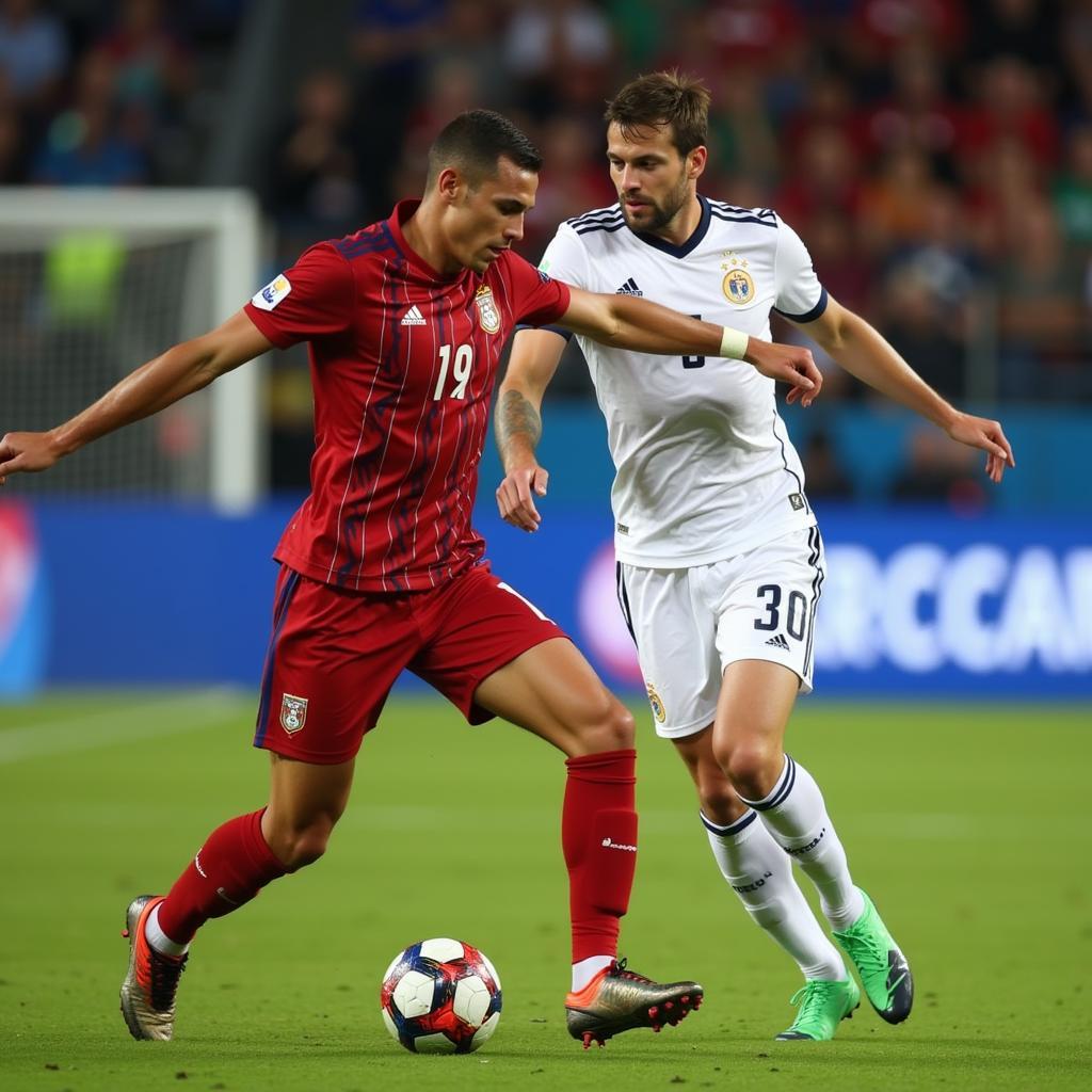 A short player dribbling past a taller defender during the World Cup 2018