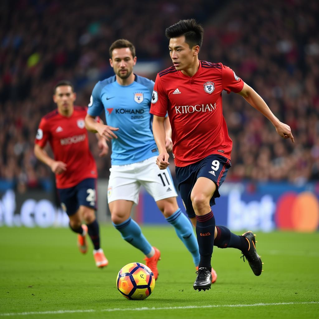 Son Heung-Min in action - A photo of Son Heung-Min dribbling the ball past a defender in a Premier League match.