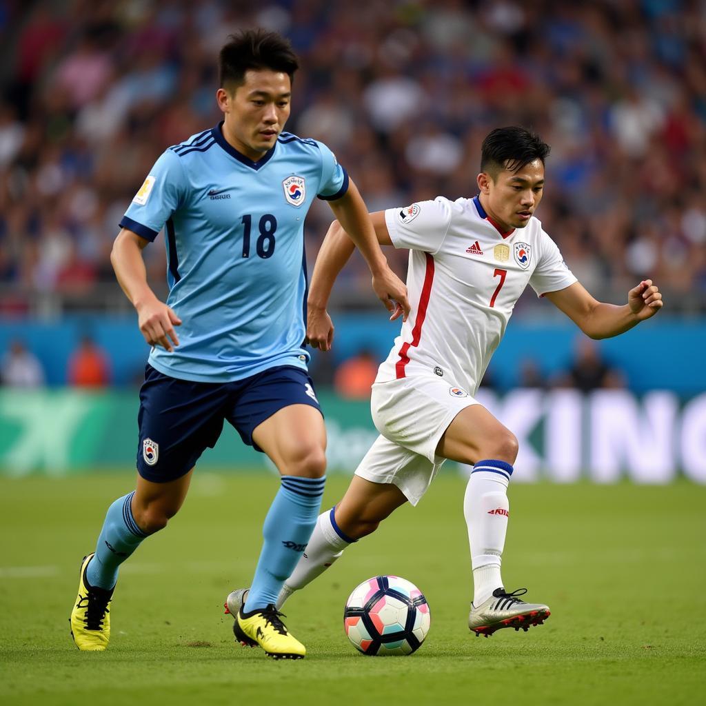 South Korean footballer dribbling past opponent