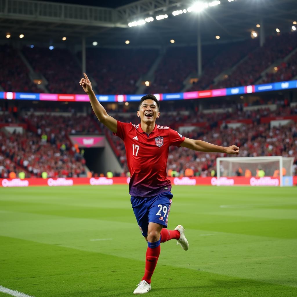 Southeast Asian Player Celebrates a Goal in European Stadium