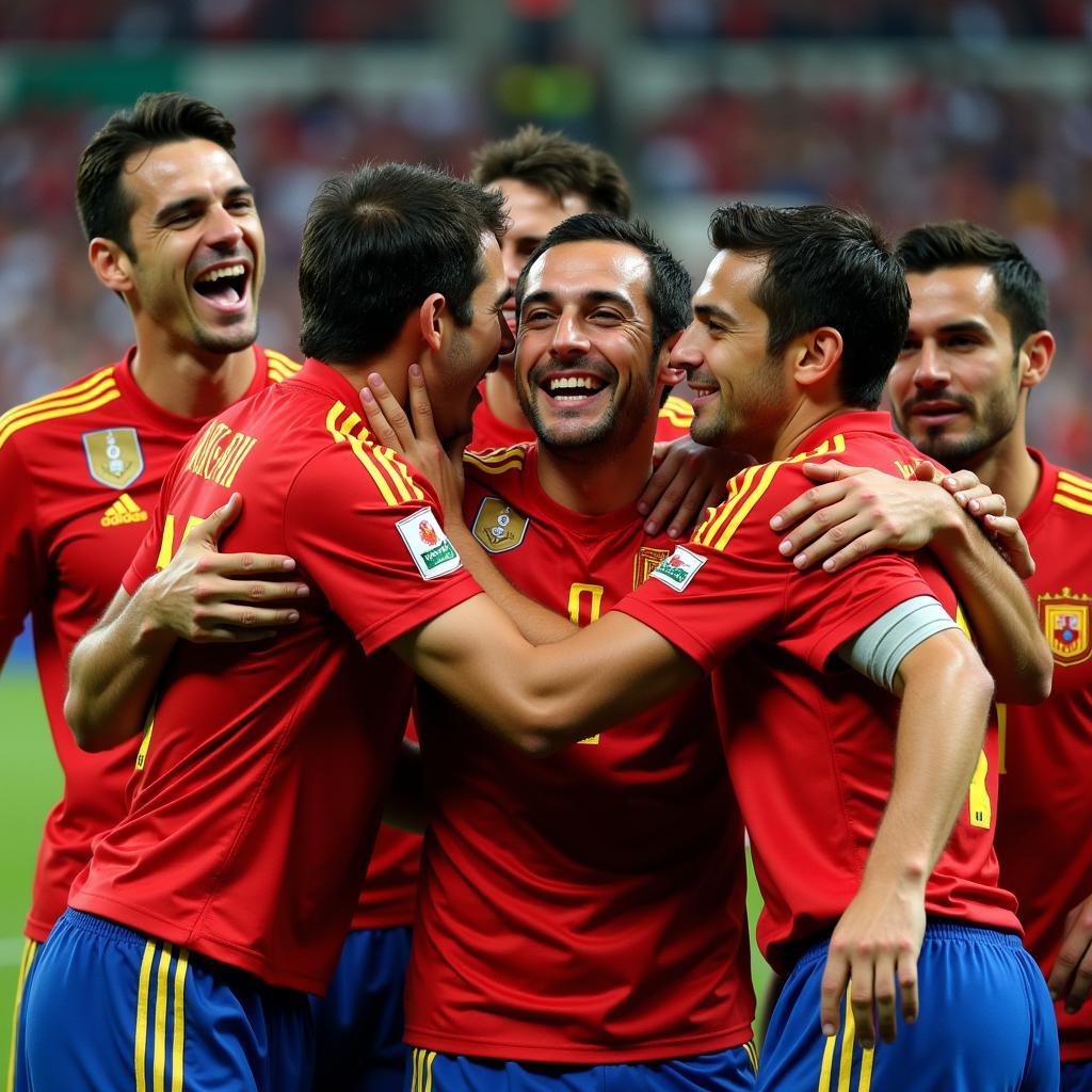 Spanish National Team Golden Generation: Xavi, Iniesta, and Casillas celebrating a victory.