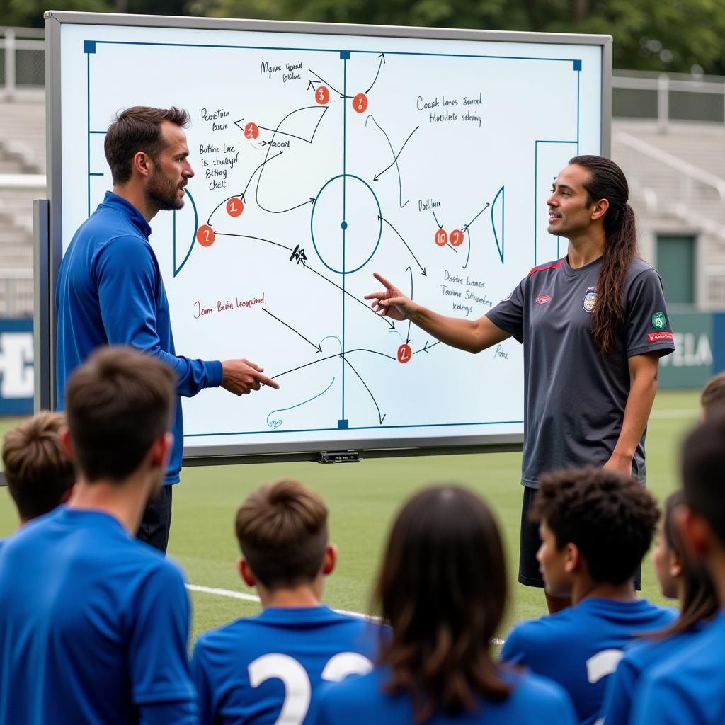 Football coach explaining tactics using a whiteboard, showing player positions and strategies