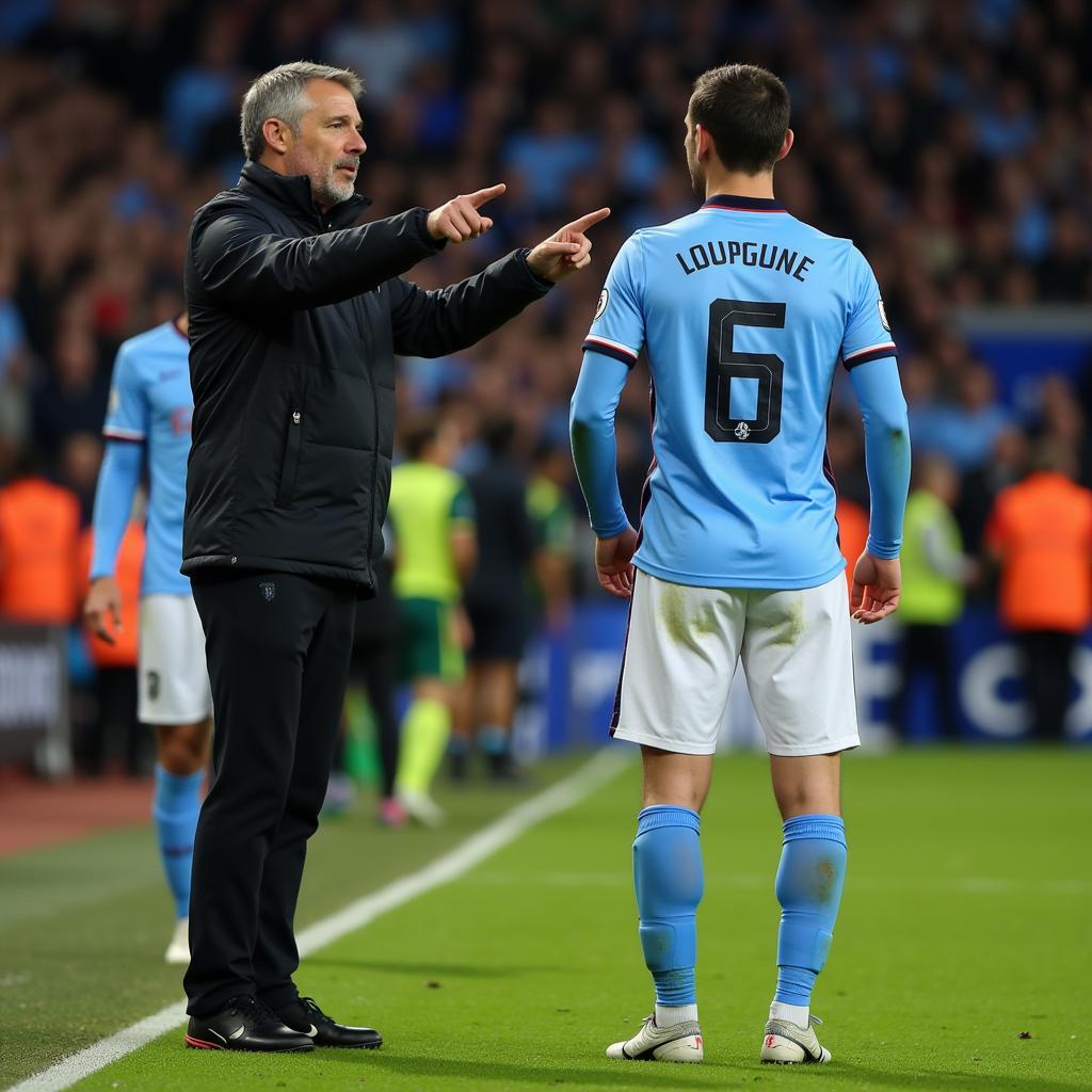 A manager gives instructions to a substitute player before he enters the field.