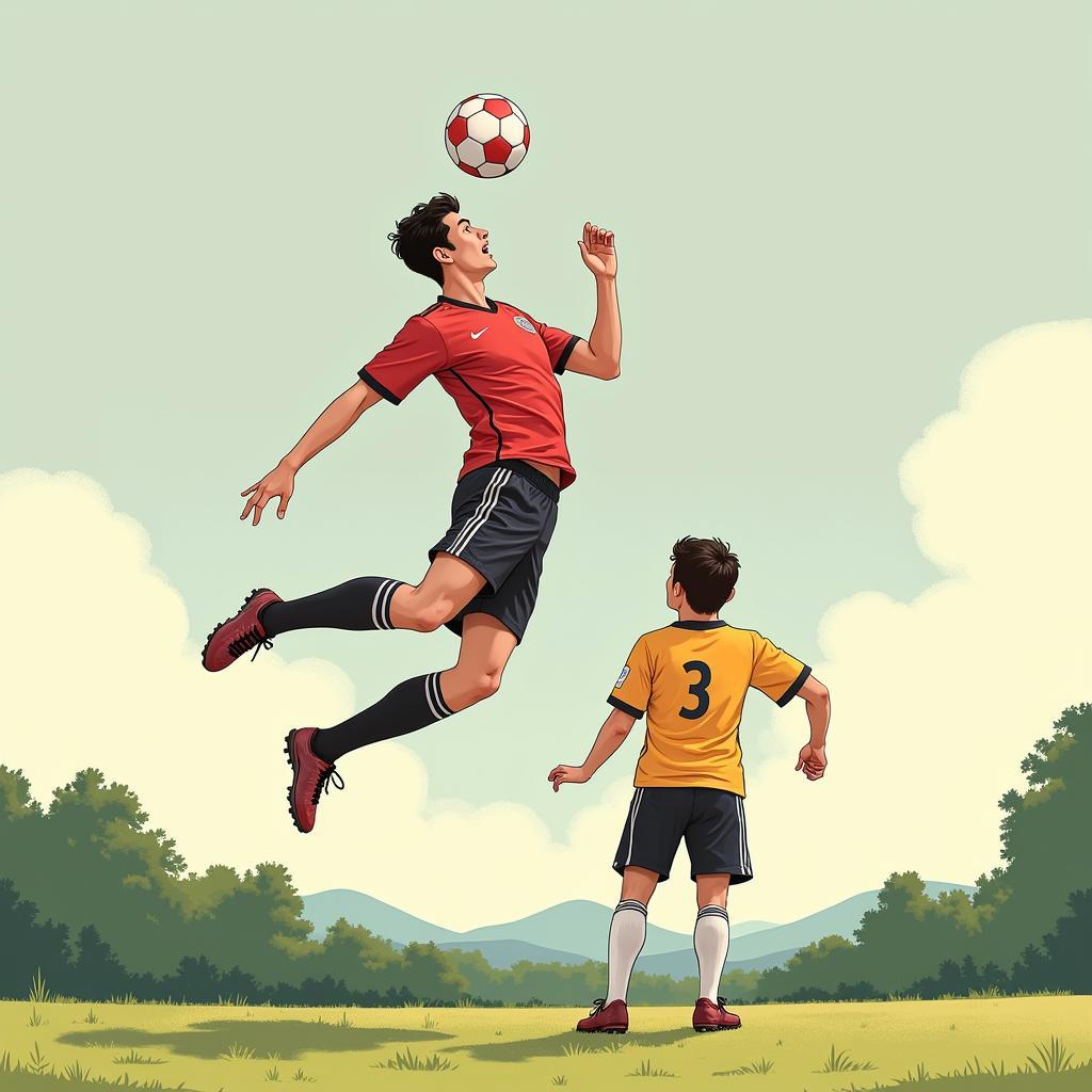 Tall Footballer Winning an Aerial Duel