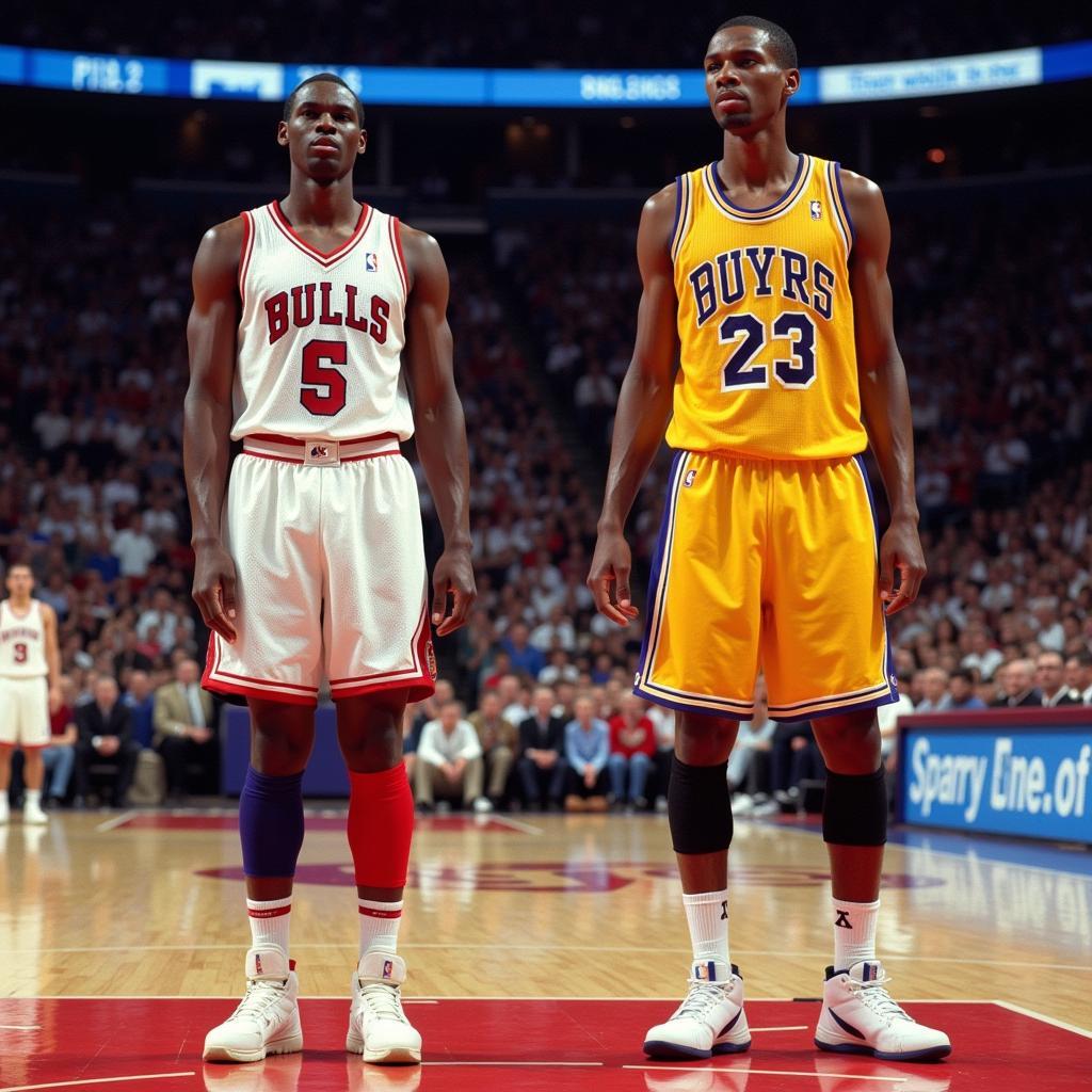 Manute Bol and Gheorghe Mureșan, two of the tallest players in NBA history, standing side by side.