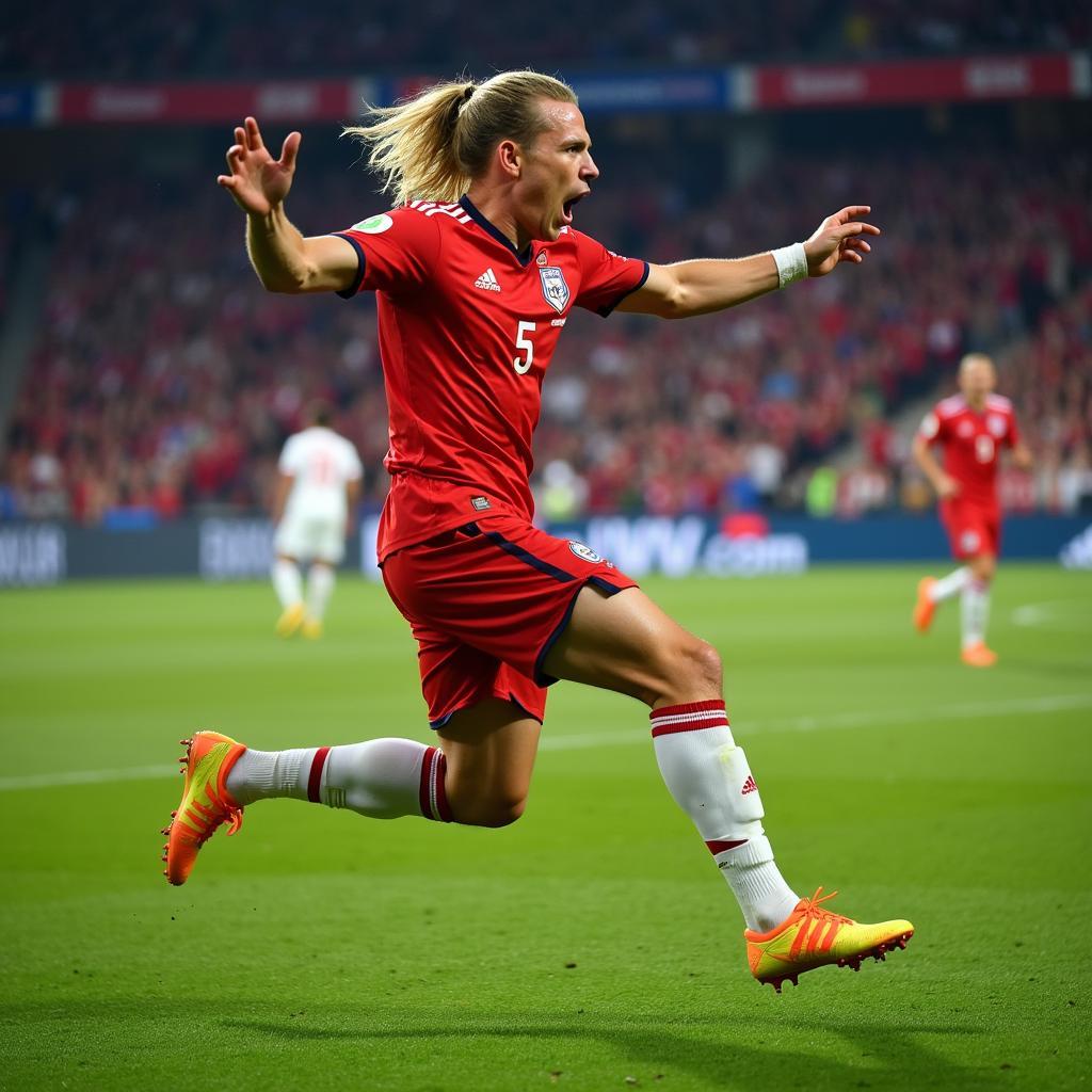 Erling Haaland celebrates a goal, fist pumped in the air, with a determined expression on his face