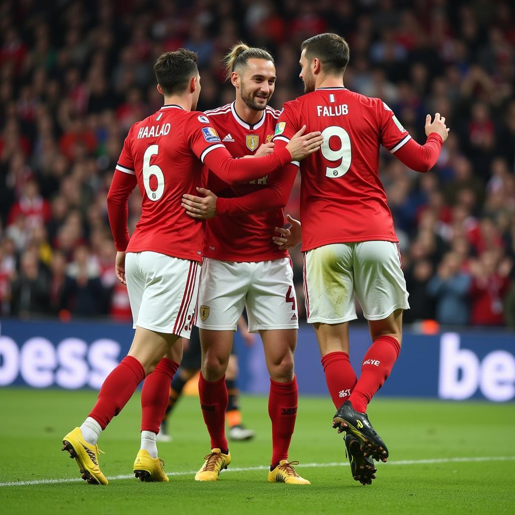 Haaland celebrating a goal with his teammates