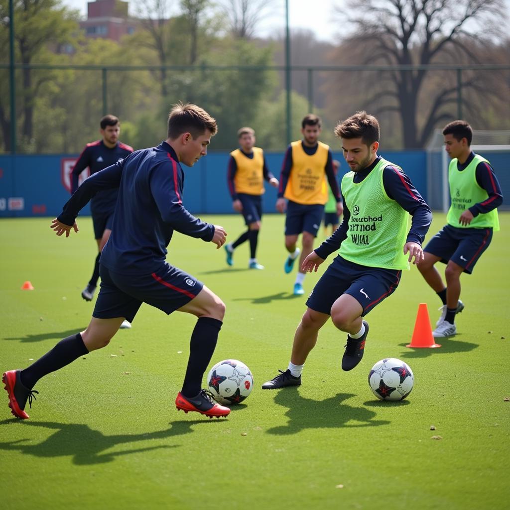 Football players practicing dribbling and passing drills