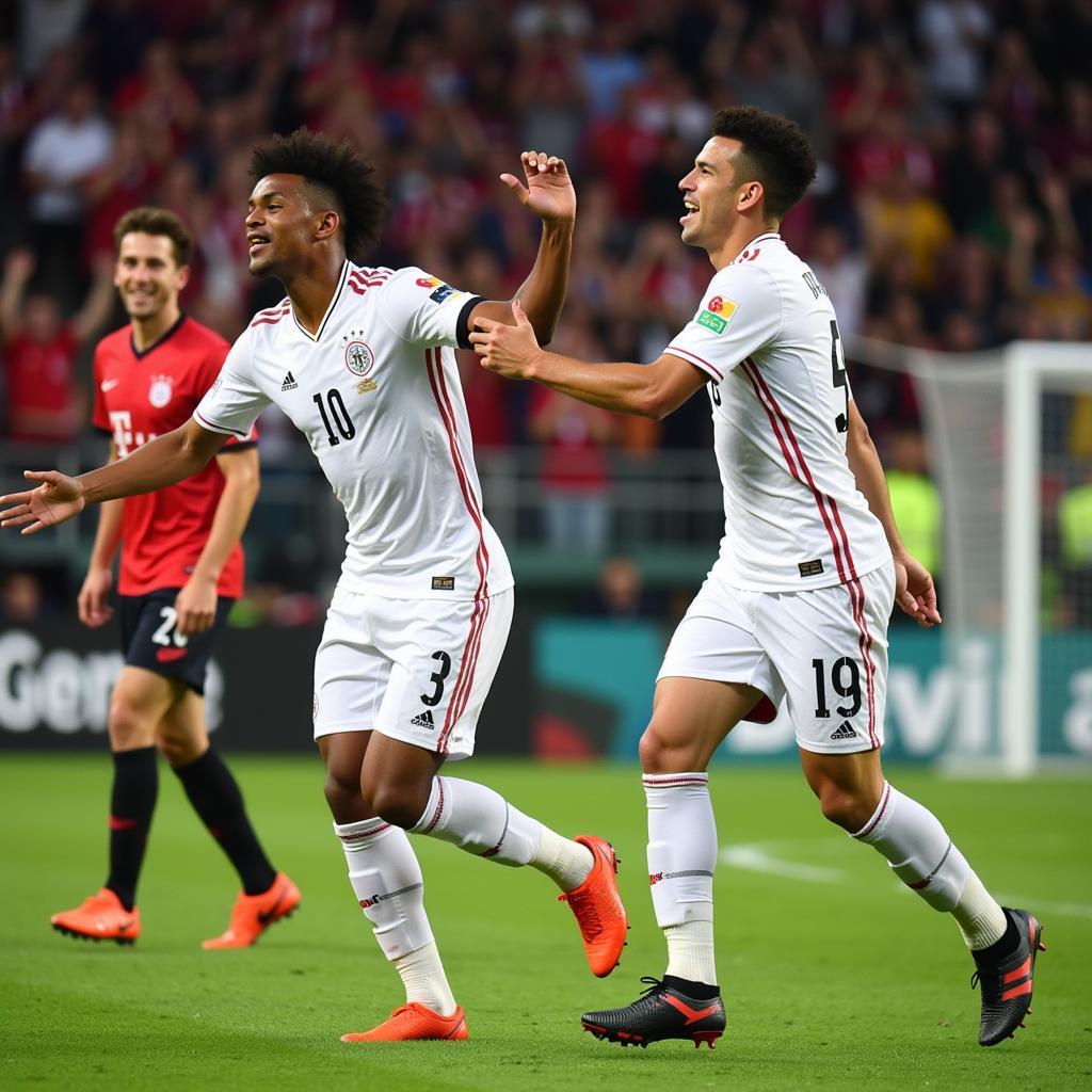 Thiago and Haaland Celebrate a Goal with Teammates