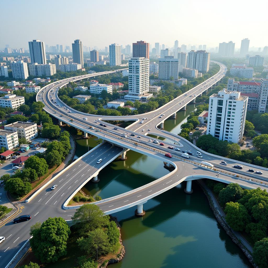 Thủ Dương Overpass Aerial View: A modern overpass with bustling traffic and surrounding development.