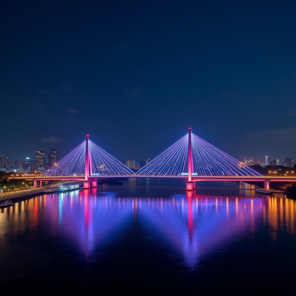 Thu Thiem Bridge Night View: A captivating night view of the illuminated Thu Thiem Bridge, showcasing its architectural beauty against the backdrop of the Ho Chi Minh City skyline.