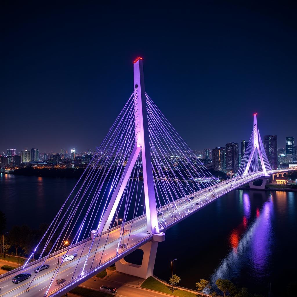 Thu Thiem Bridge illuminated at night in Ho Chi Minh City