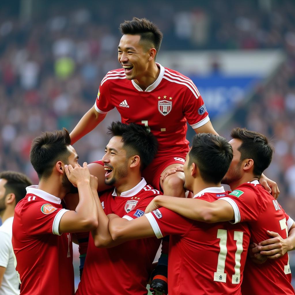 Tien Dung Cau Thu celebrating a victory with his teammates