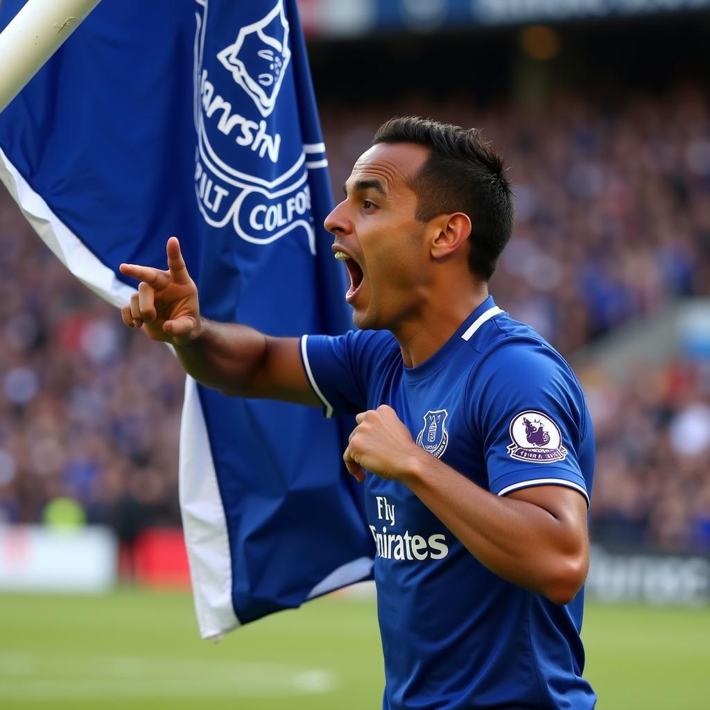 Tim Cahill celebrates a goal for Everton.