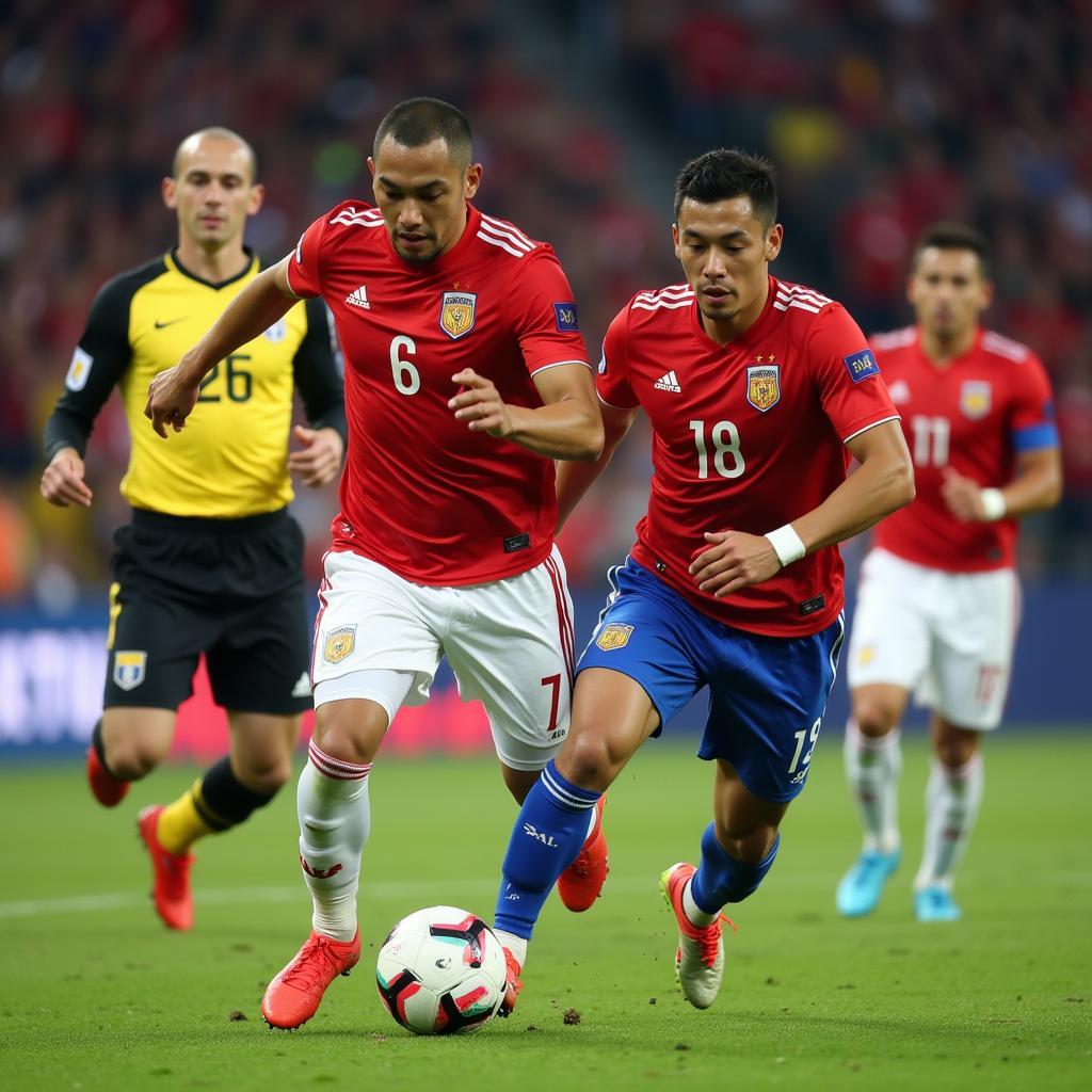 Top Asian football players competing in a high-stakes international match.