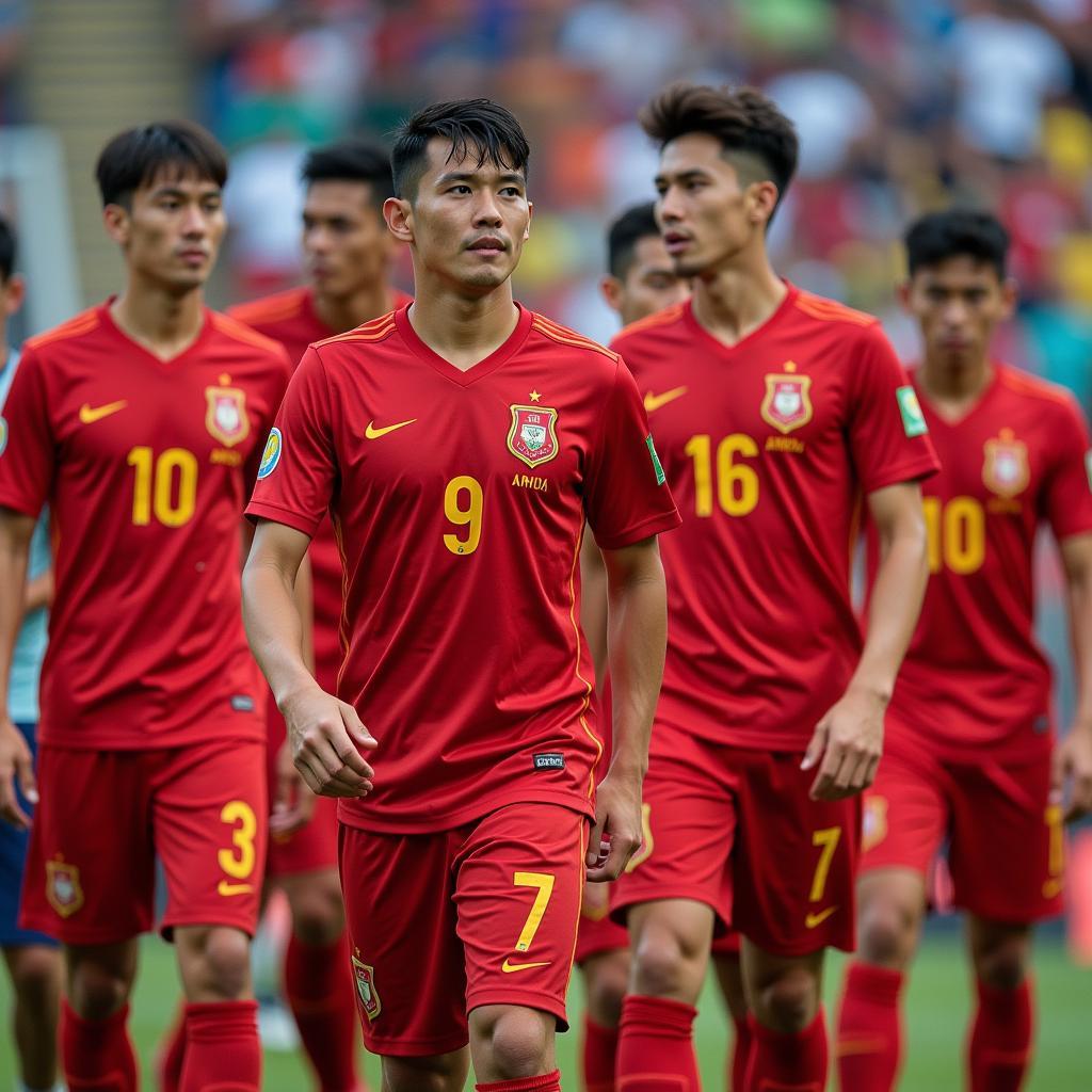 Tran Van Nhung posing with his Vietnamese football team