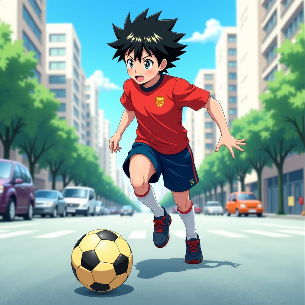 Tsubasa dribbling the ball in Nankatsu City