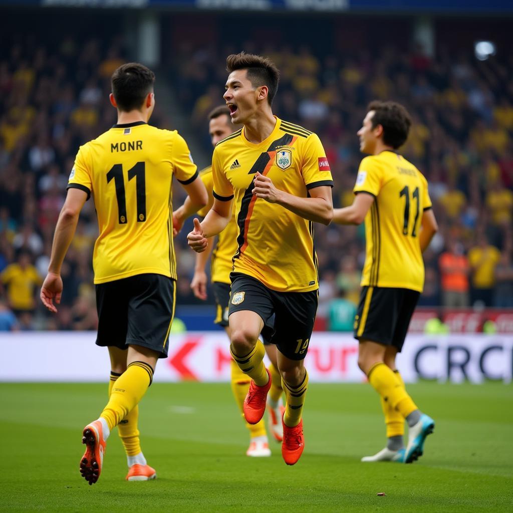 Tuan Anh celebrating a crucial goal with his teammates, highlighting his contribution to the team's success.