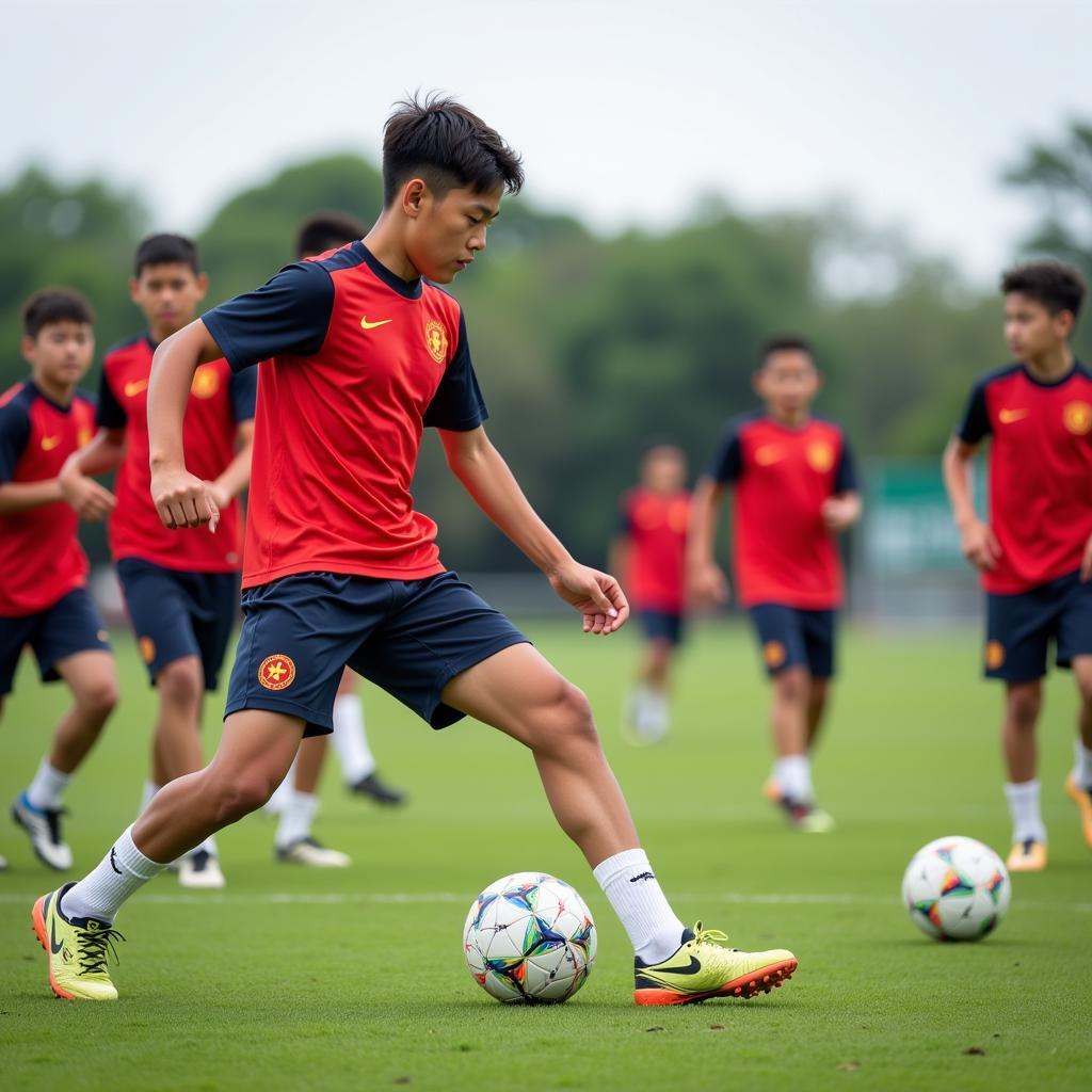 U16 Vietnam players practicing drills during a training session