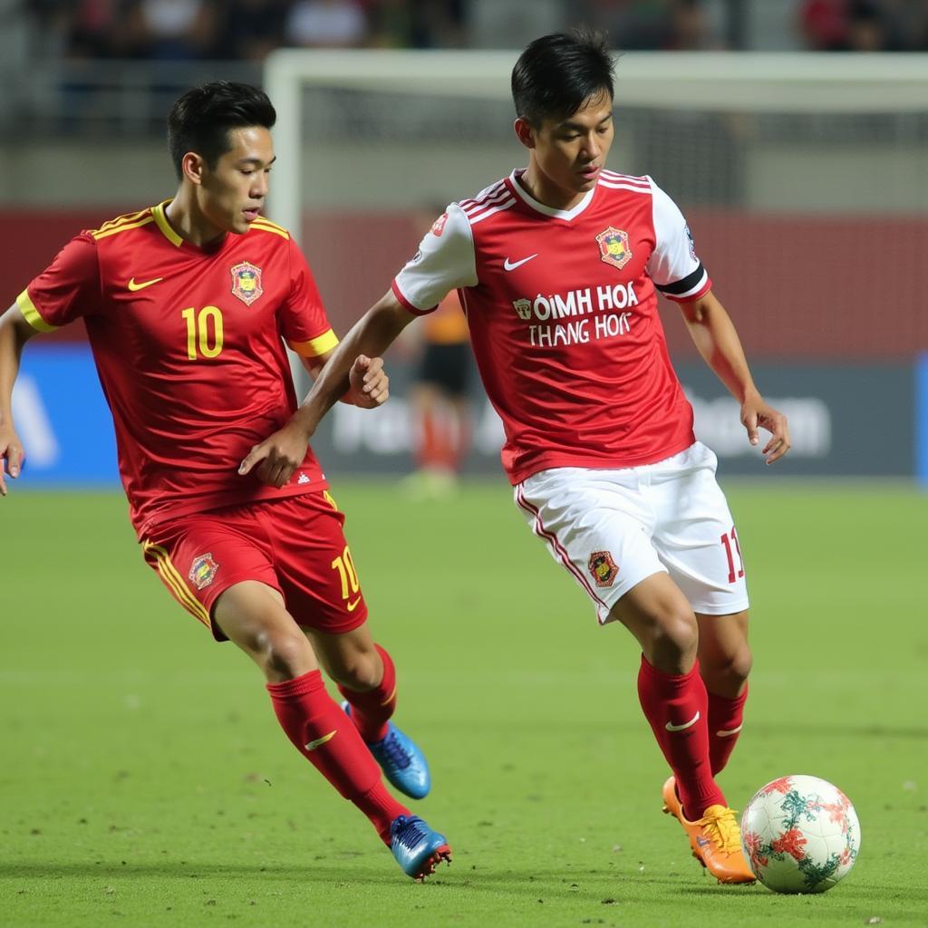 A key player from U17 Thanh Hoa showcases his dribbling skills during a competitive match, maneuvering past opponents with agility and precision.