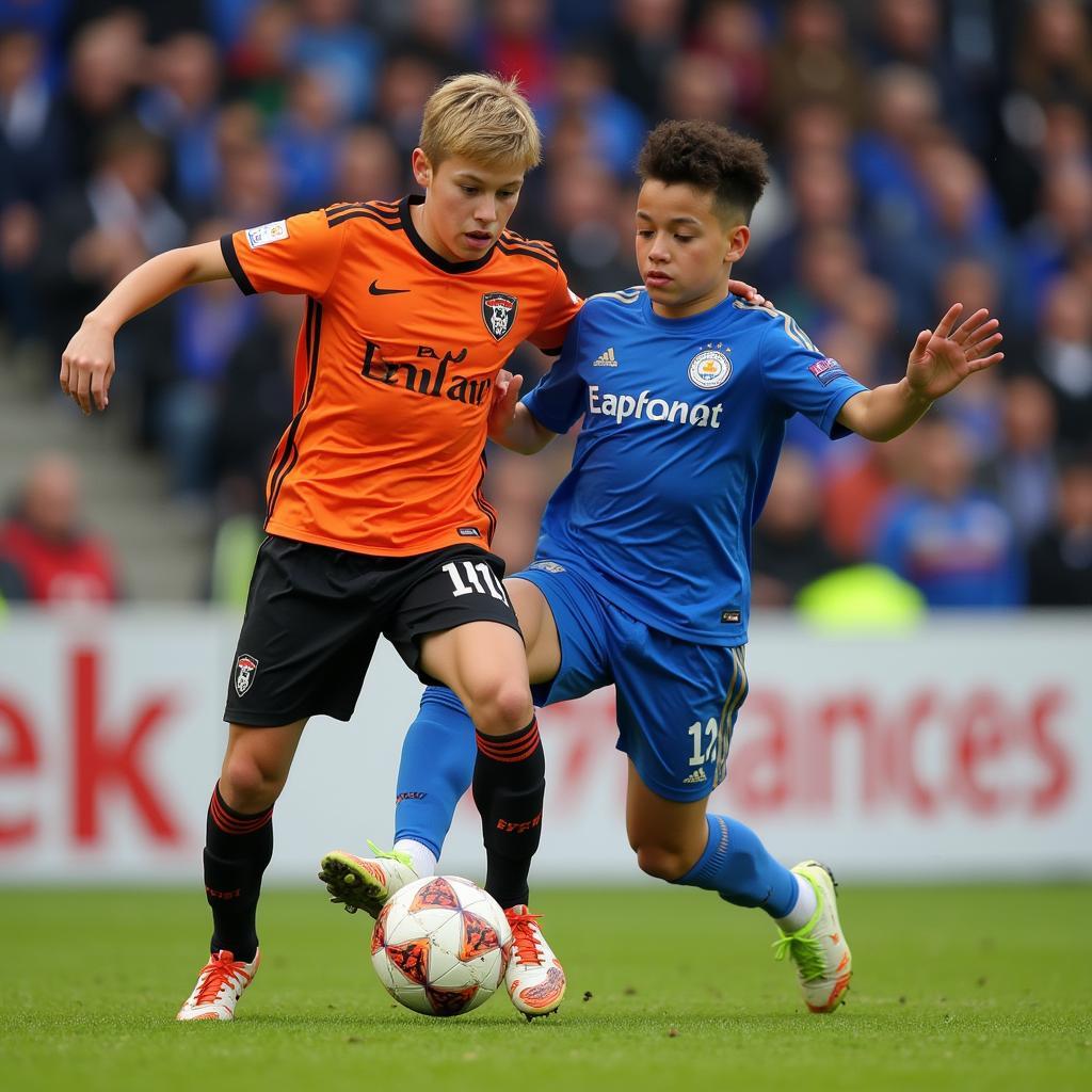 A U19 midfielder shields the ball from an opponent