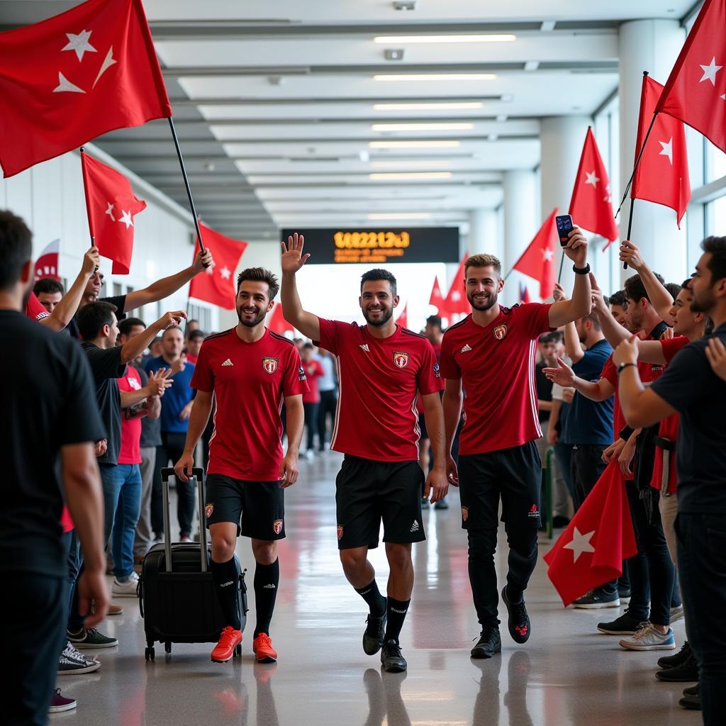 U22 football team arriving home to a cheering crowd