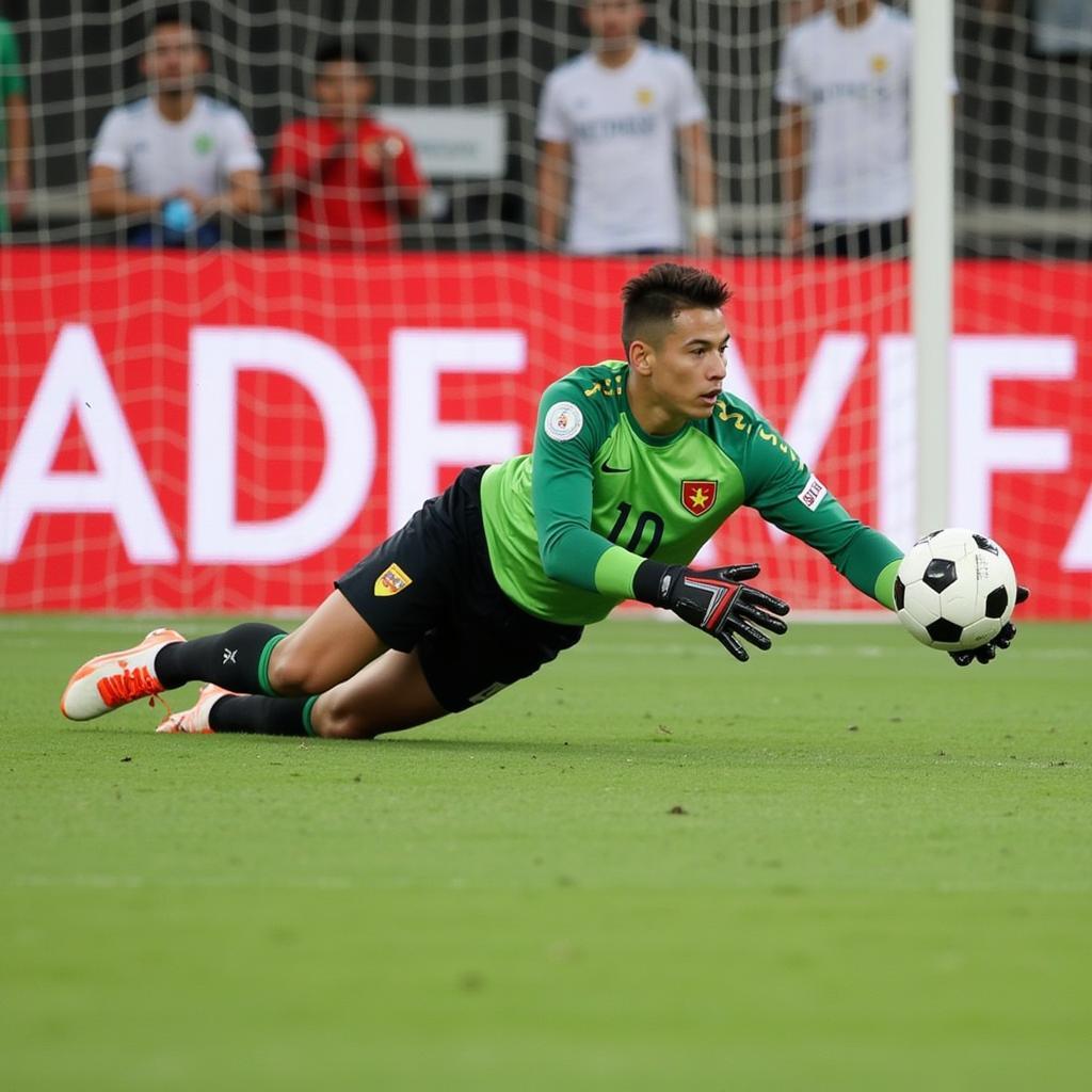 U22 Vietnam goalkeeper makes a diving save, demonstrating their agility and reflexes